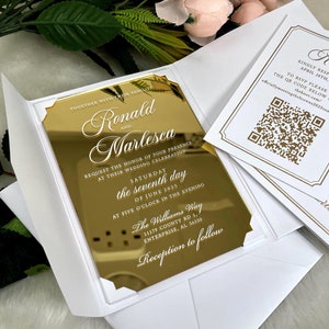 Gold Mirrored wedding invitation, Gold mirror invitation, White pocket envelope, Mirrored wedding invitation, All-in-one wedding invite