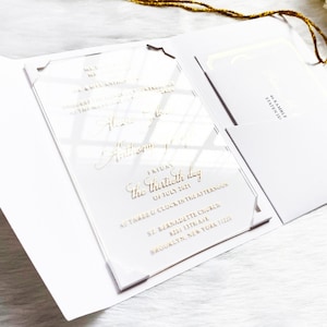 Gold gilding printed acrylic invitation, White envelope with pocket, rsvp card with QR code, Customizable color and print types