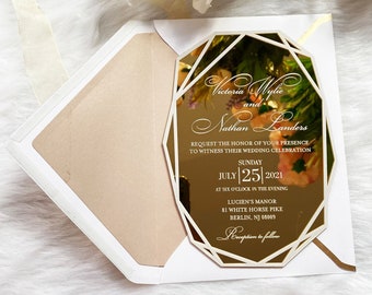 Luxury Wedding Invitation Set, Gold Mirror Geometric Invitation, White and Gold Acrylic Wedding Invitations-Modern Elegance Invitation Suite