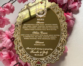 Luxury Gold Mirror Acrylic Menu | Laser Cut Wedding Menu | Elegant 5x7" Acrylic Dinner Menu Card | Custom Design | Ships Worldwide