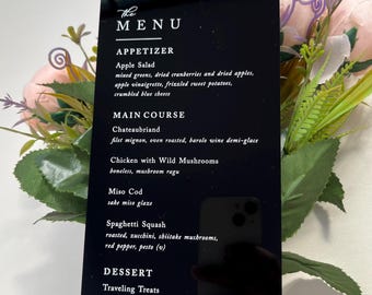 Black Mirror Acrylic Menu | White Lettering Acrylic Dinner Menu | Modern Wedding Table Decor | Luxury 2mm Acrylic Menu Card
