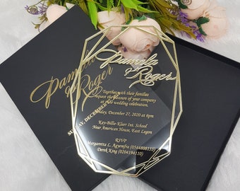 Acrylic Clear Invitation, Geometric Wedding Invitations, Transparent Invitations, Gold Foil Printed Invitation, Embossed Bride Groom Names
