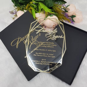 Acrylic Clear Invitation, Geometric Wedding Invitations, Transparent Invitations, Gold Foil Printed Invitation, Embossed Bride Groom Names