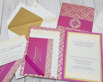 Dazzling Folded Wedding Invitation Suite, Wedding Invitations, Hot Pink color Ribbon Invitation, Wedding Invitation/Invitations