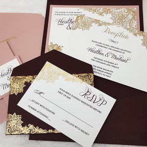 Wedding Invitation Set, Port Wine color Pocket Fold Wedding Invitation Set, Wedding Invitations Template
