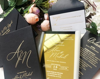 Black and Gold Boxed Wedding Invitation with Gold Mirror Acrylic Inside