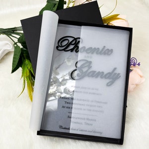 Black Acrylic Wedding Invitation Suite with Qr coded Rsvp Card and Details Card | Envelope with Boxes | Wedding Invitation Bundle