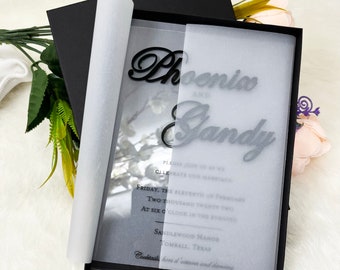 Black Acrylic Wedding Invitation Suite | 3D Couple Names, QR RSVP