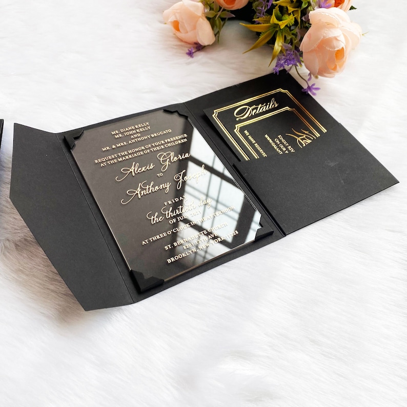 Acrylic Pocket Wedding Invitation, Elegant Black Wedding Invitations, Unique Invites, Real Foil, Acrylic Invite, Invitation Card 