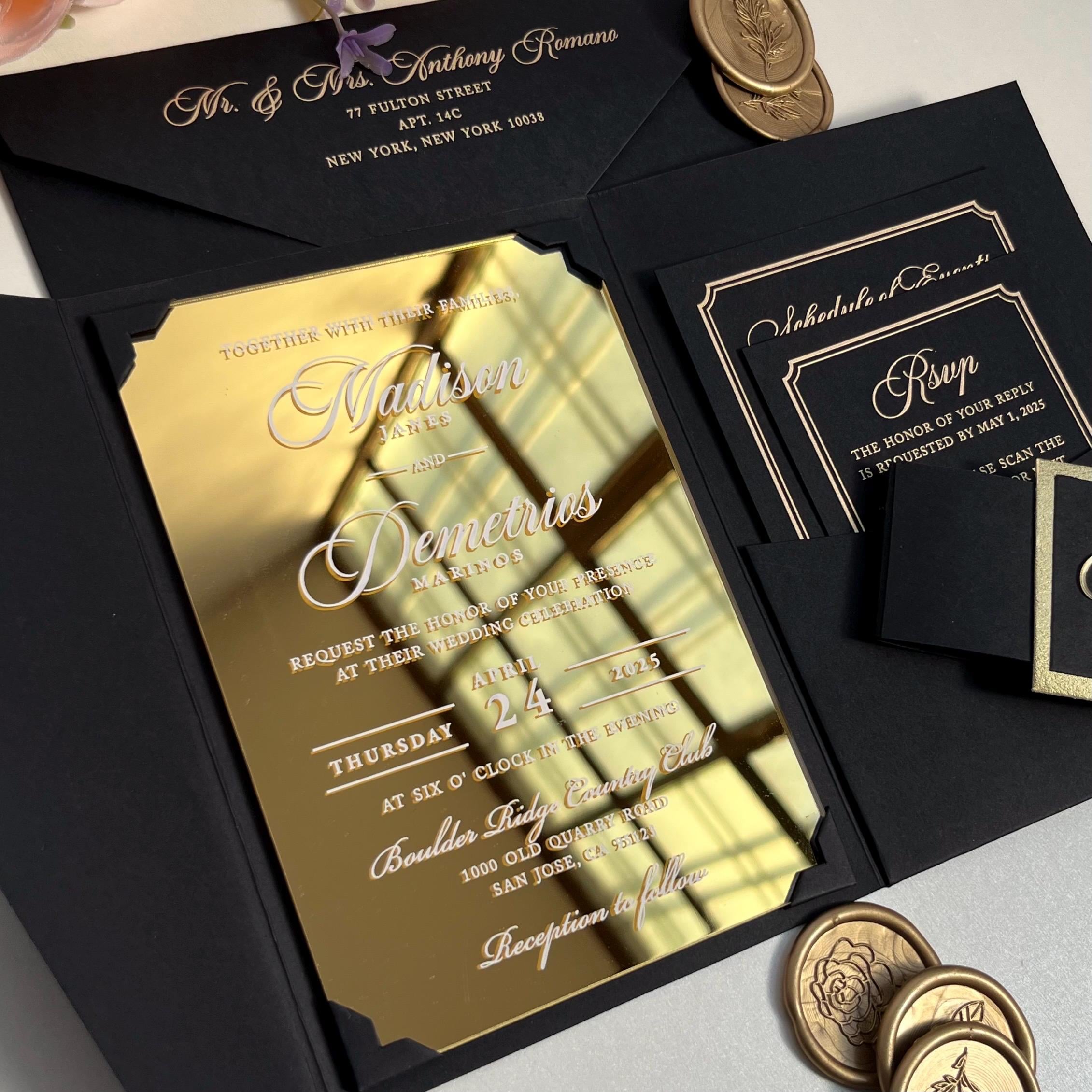 Gold Acrylic Wedding Invitations, Pocket Acrylic, Quinceanera Acrylic Invitations, Gold Wedding Invite Set Wedding Invitations, Gold Foil