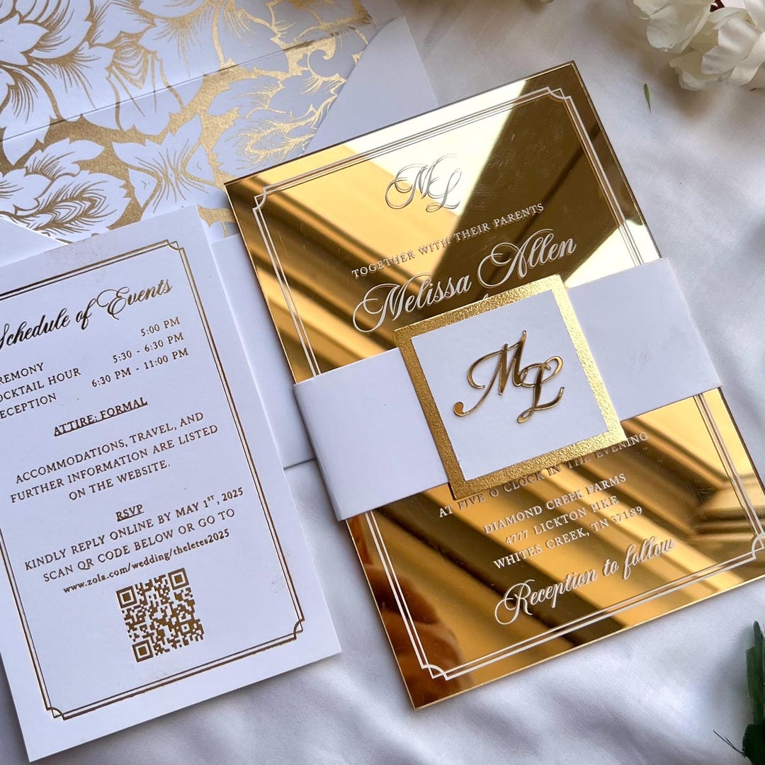 Gold Mirror Acrylic Wedding Invitations Set With White Envelopes ...