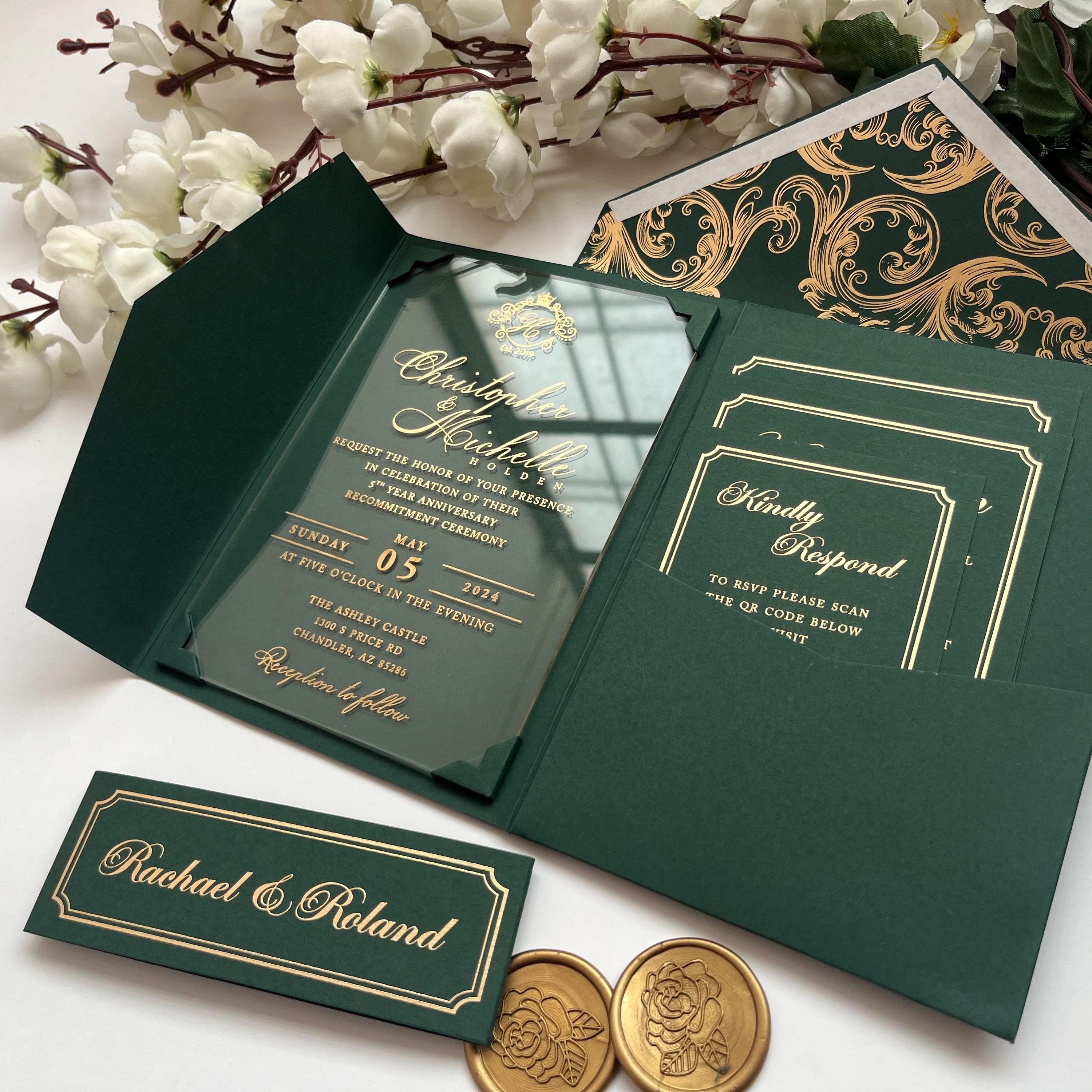 Hunter Green Tri Fold Wedding Invitation with Clear