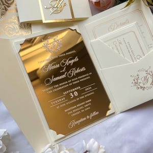Ivory and Gold Mirror Tri Fold Wedding Invitation with Rose Printed Liner