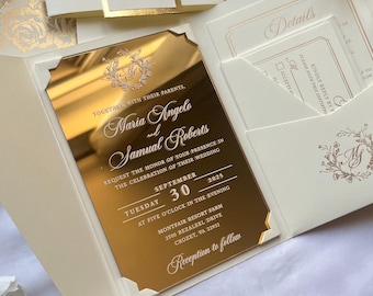 Elegant Gold Mirror Acrylic Wedding Invitation with Rsvp and Detail cards, Ivory Acrylic Invitations, Luxury Wedding Invitation, Gold Foil