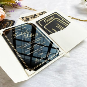 Black Acrylic Wedding Invitation with Tri fold Pockets, Rsvp and Detail cards, Custom Acrylic Invites, Luxury Wedding Invitation, Gold Foil