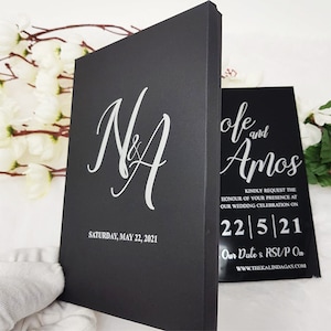 Black Acrylic Wedding Invitations with Real Silver Hot Foil, Black & Silver Wedding Invitations, Black Boxes with Silver Name Initials