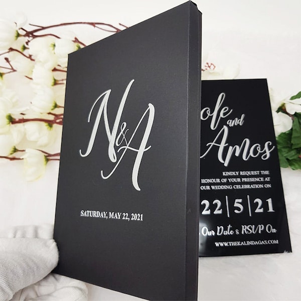 Black Acrylic Wedding Invitations with Real Silver Hot Foil, Black & Silver Wedding Invitations, Black Boxes with Silver Name Initials