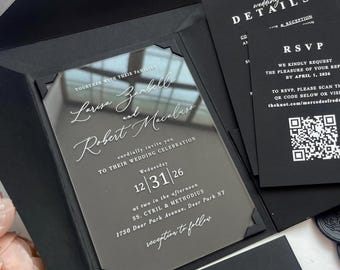 Clear Acrylic Wedding Invitation with White Ink in Black Tri Fold Pocket