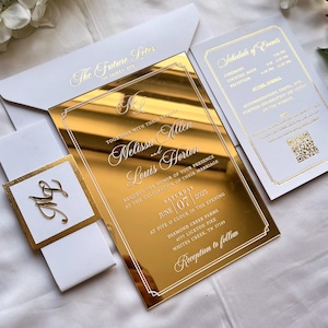 Gold Mirror Acrylic Wedding Invitations Set with White Envelopes, Unique Invitation Invites Suite, Invitaciones de Boda