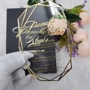 Acrylic Clear Invitation, Geometric Wedding Invitations, Transparent Invitations, Gold Foil Printed Invitation, Embossed Bride Groom Names image 6