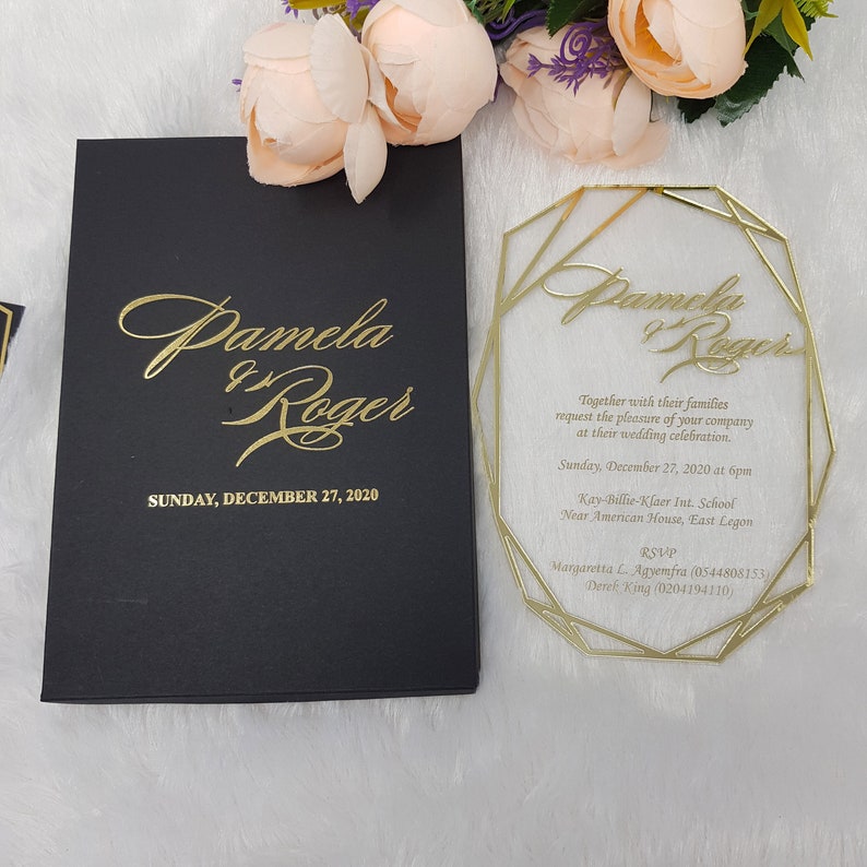 Acrylic Clear Invitation, Geometric Wedding Invitations, Transparent Invitations, Gold Foil Printed Invitation, Embossed Bride Groom Names image 3
