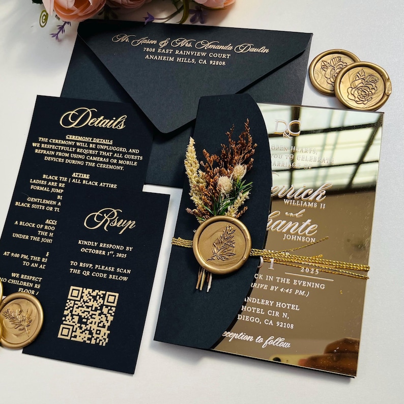 Gold Mirror Acrylic Wedding Invitations Set with Black Envelopes, Unique Invitation Invites Suite, Invitaciones de Boda