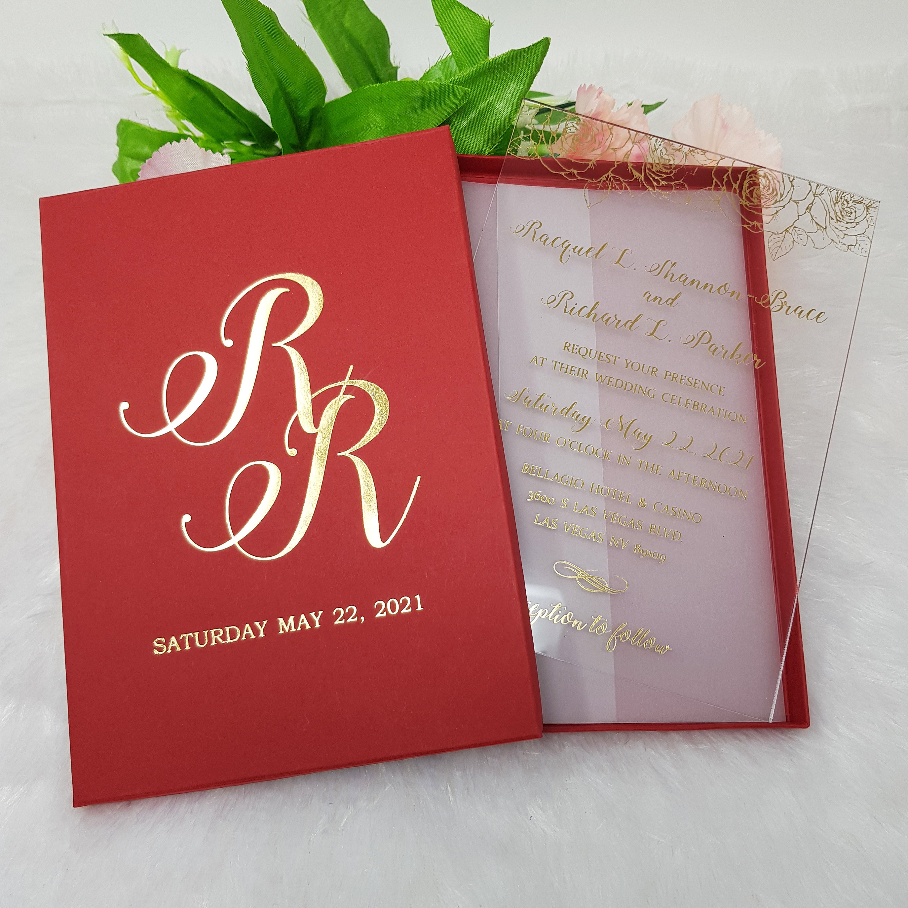 Paper Invitations Real Gold Foil Boxed Invitation Acrylic Invitations