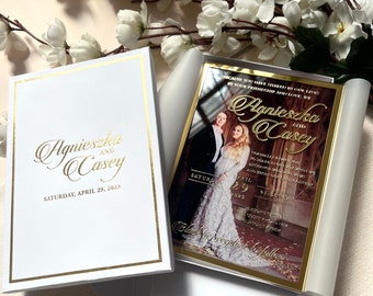 Photo Wedding Invitation on Clear Acrylic // Custom Acrylic Wedding Invitation Suite with Bride and groom picture, 3d Gold Mirror names