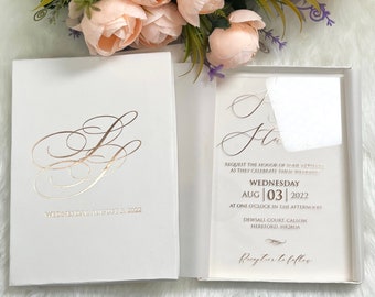 Luxury Boxed Wedding Invitation Envelope & Box and Modern Gold Plexi Wedding Invitation with Bride Groom Rose gold Names Vellum Folder