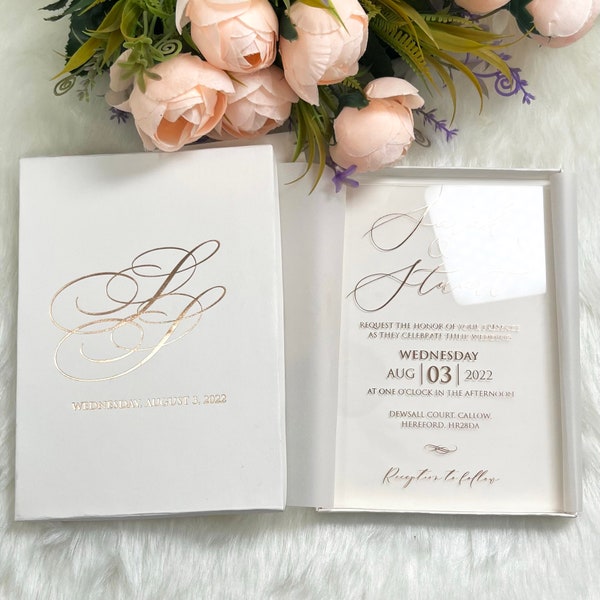 Luxury Boxed Wedding Invitation Envelope & Box and Modern Gold Plexi Wedding Invitation with Bride Groom Rose gold Names Vellum Folder