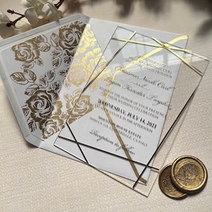 Clear Acrylic Wedding Invitations, Geometric Clear Real Gold, Opal Luxury Modern Invite, Floral Boho Bride Invitation