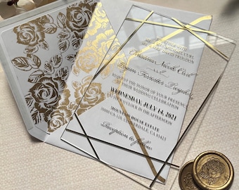 Clear Acrylic Wedding Invitation: Gold Foil, Floral Envelope