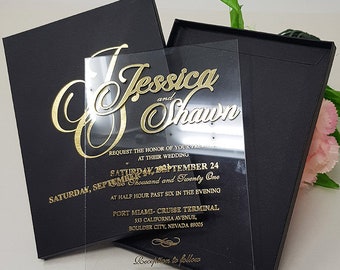 Acrylic Invitations | Acrylic Invites | Clear Invitations | Real Gold Foil on Acrylic with Cardstock Box