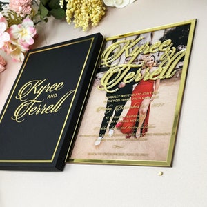 Gold Foiled Clear Acrylic Wedding Invitation with Photo UV Printing. Clean Contemporary Design with Silver, Rose Gold or Gold Foil.