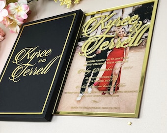 Gold Foil Acrylic Wedding Invitation with Photo & Black Box