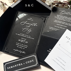 Luxury Pocket Acrylic wedding invitations with rsvp, White Ink invitation, Personalized Wedding invitation kit with White gold silver foil