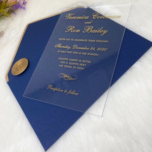 Elegant Clear Acrylic Wedding Invitation with Navy Envelopes, Wrapped in Vellum Paper with a Vintage Gold Wax seal, Wedding Invitations