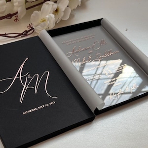 Rose Gold Acrylic Wedding invitations, Clear Wedding invitation, Box Invitations, Plexiglass Invitation, Rose gold foil, Luxury Invitation
