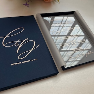 Navy Blue Box Wedding invitation Card, Rose Gold Acrylic invitations, Box Wedding Party Invitation, Digital RSVP and Detail Cards