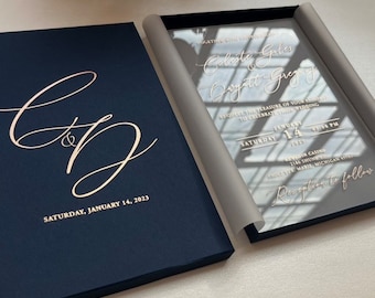Navy Box Invitation Set: Rose Gold Acrylic, Foil Printing | High End Corporate Invitation set