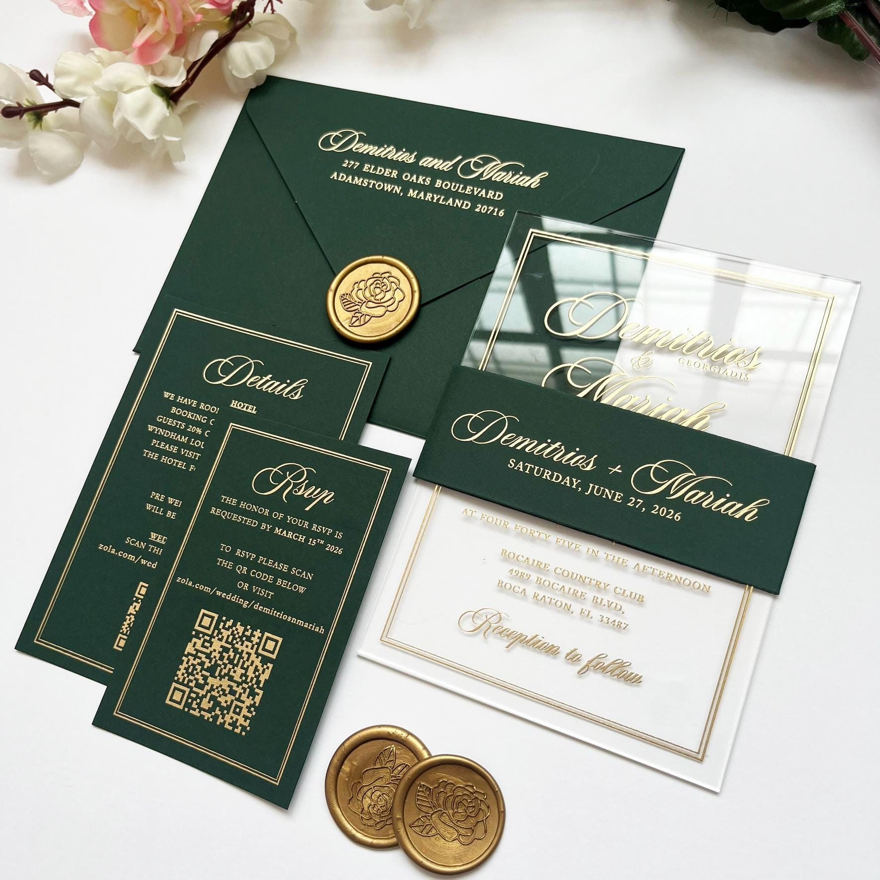 Elegant Acrylic wedding invitation with rsvp, Gold Print Wedding invite, Personalized Wedding invitation kit with Rosegold foil, silver foil