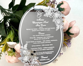 Silver Mirror Acrylic Wedding Menu | Custom Engraved Menu Card | Personalized Reception Menu | Elegant Wedding Table Decor
