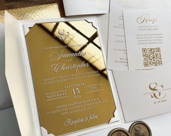 Gold Mirror Acrylic Wedding Invitation: Pearl White Pocket Envelope, RSVP