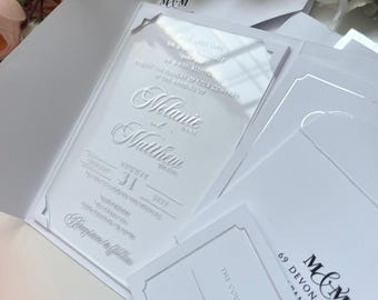 White Pocket Acrylic Invitation set, Silver Foil, Clear Acrylics, RSVP and detail cards