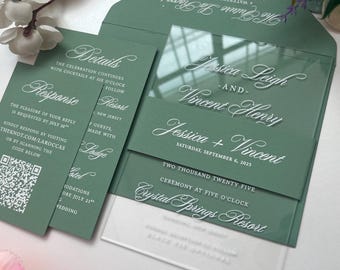 Sage Green Acrylic Wedding Invitations with White Inks – Clear Plexi Invite with Belly Bands