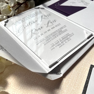 SILVER gilding printed acrylic invitation, White envelope with pocket, rsvp card with QR code, Customizable color and print types