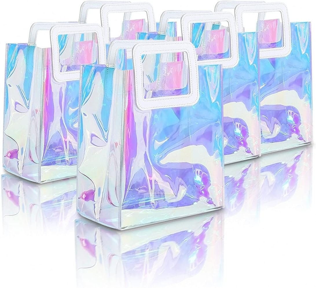 3 Pcs Iridescent Gift Bags with Handle Clear Holographic PVC Plastic G –  Caleihd