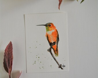 Orange Hummingbird Watercolor Painting, Humming Bird Watercolor, Hummingbird Painting, Original Watercolor Hummingbird Painting, Minimalist.