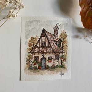 Cozy Autumn Cottage Watercolor Painting, Original Watercolor Art, Fall Time Watercolor, Halloween Drcor, Original Art by Cassie Vea
