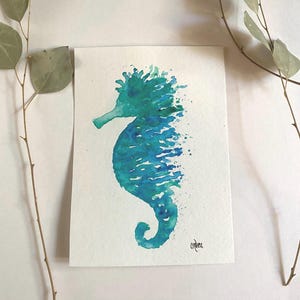 Green Seahorse Watercolor Painting, Minimalist Seahorse Painting, Original Watercolor Seahorse,